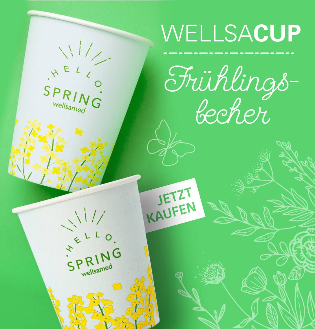 wellsamed wellsacup Pappbecher Trinkbecher für kalte und heiße Getränke im Frühlings-Look“ width=